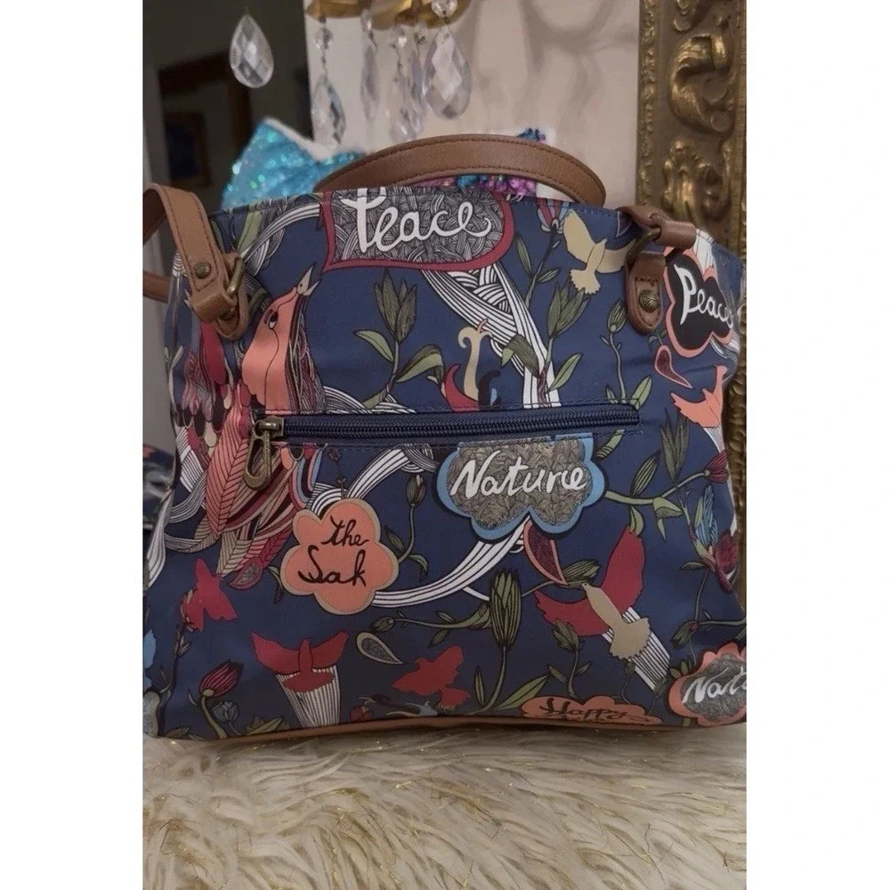 Sakroots Women's Peace Satchel Handbag Blue Multi Floral Birds And Makeup Bag